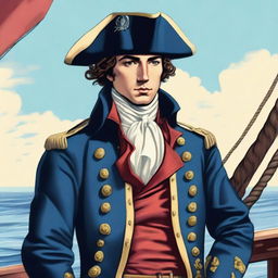 Smooth, bright illustration of a 25-year-old captain at sea, wearing a blue coat and a tricorne both trimmed with light red