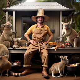 Exaggerated character concept: A man that embodies all things stereotypically Australian to an implausible degree, with khaki bush attire, cork hat, BBQ chef tools, surrounded by kangaroos and koalas.