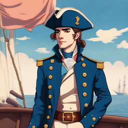 Smooth, bright illustration of a 23-year-old captain at sea, wearing a blue coat and a tricorne both trimmed with light red