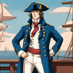 Smooth, bright illustration of a 23-year-old captain at sea, wearing a blue coat and a tricorne both trimmed with light red