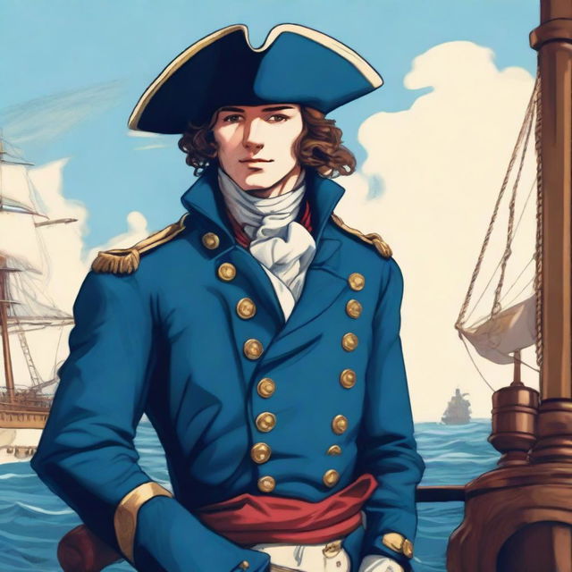 Smooth, bright illustration of a 23-year-old captain at sea, wearing a blue coat and a tricorne both trimmed with light red