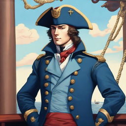 Smooth, bright illustration of a 23-year-old captain at sea, wearing a blue coat and a tricorne both trimmed with light red