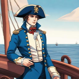 Smooth, bright illustration of a 23-year-old captain at sea, wearing a blue coat and a tricorne both trimmed with light red