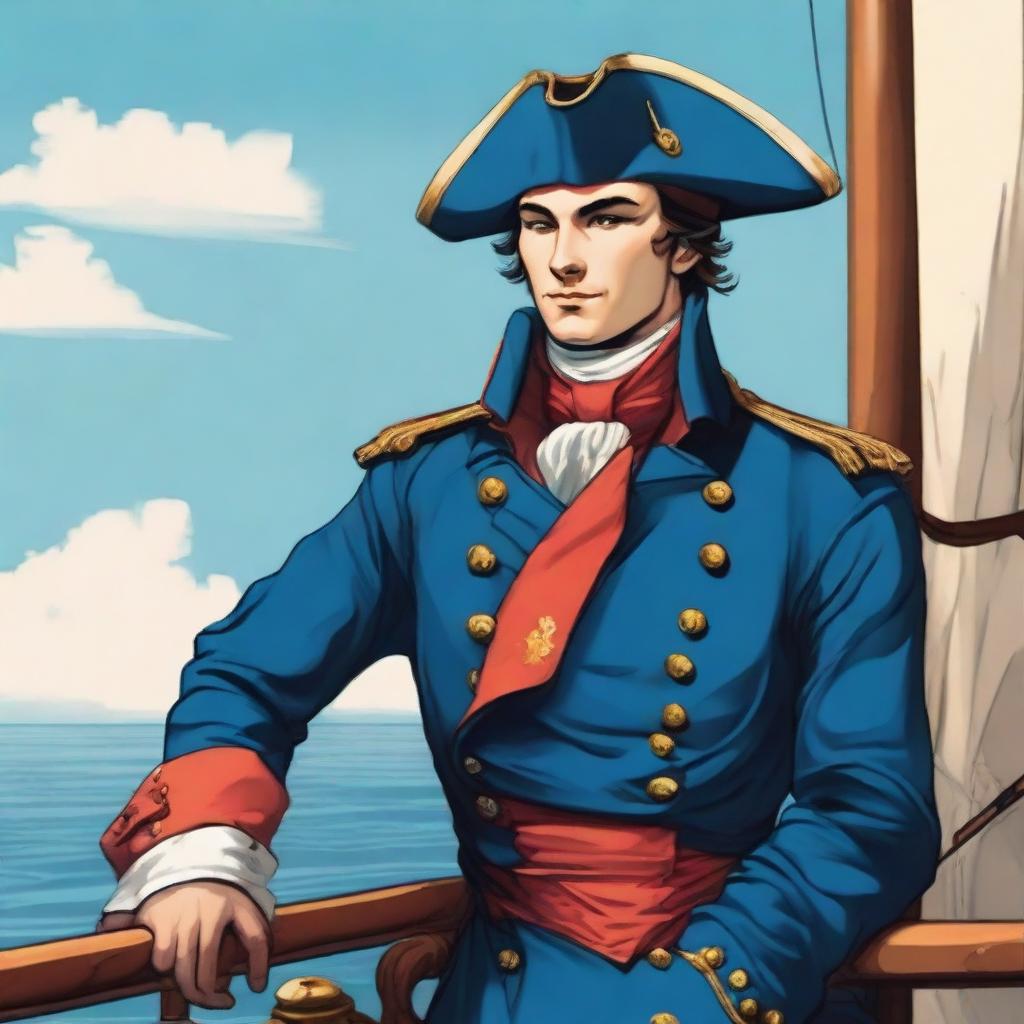 Smooth, bright illustration of a 23-year-old captain at sea, wearing a blue coat and a tricorne both trimmed with light red