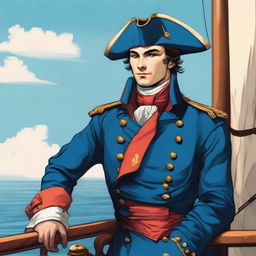 Smooth, bright illustration of a 23-year-old captain at sea, wearing a blue coat and a tricorne both trimmed with light red