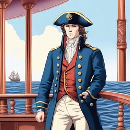 Smooth, bright illustration of a 23-year-old captain at sea, wearing a blue coat and a tricorne both trimmed with light red