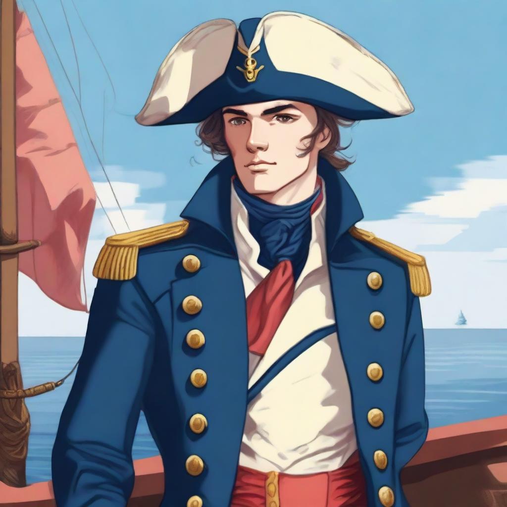 Smooth, bright illustration of a 23-year-old captain at sea, wearing a blue coat and a tricorne both trimmed with light red