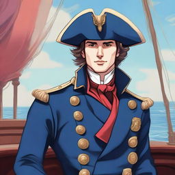 Smooth, bright illustration of a 23-year-old captain at sea, wearing a blue coat and a tricorne both trimmed with light red