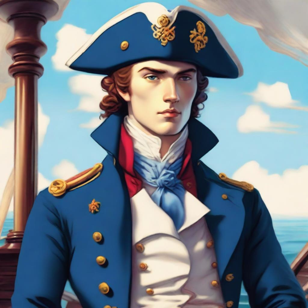 Smooth, bright illustration of a 23-year-old captain at sea, wearing a blue coat and a tricorne both trimmed with light red