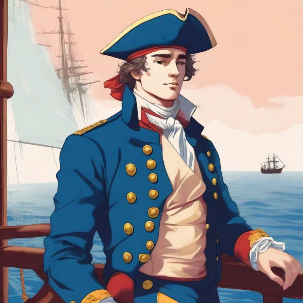 Smooth, bright illustration of a 23-year-old captain at sea, wearing a blue coat and a tricorne both trimmed with light red