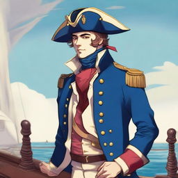 Smooth, bright illustration of a 23-year-old captain at sea, wearing a blue coat and a tricorne both trimmed with light red