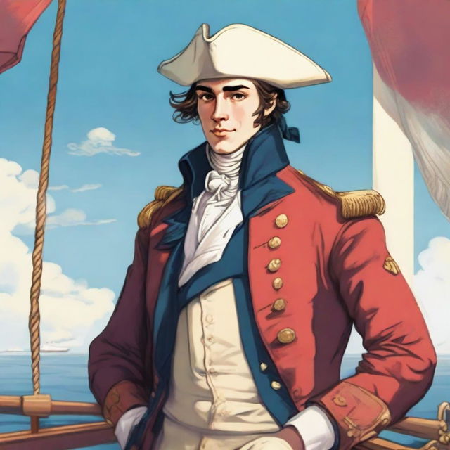 Smooth, bright illustration of a 23-year-old captain at sea, wearing a blue coat and a tricorne both trimmed with light red