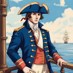 Smooth, bright illustration of a 23-year-old captain at sea, wearing a blue coat and a tricorne both trimmed with light red