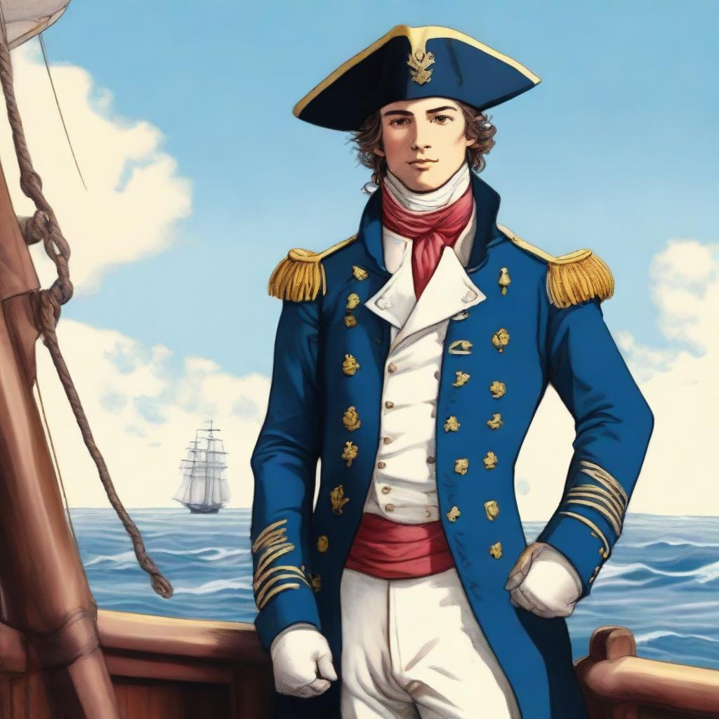 Smooth, bright illustration of a 23-year-old captain at sea, wearing a blue coat and a tricorne both trimmed with light red