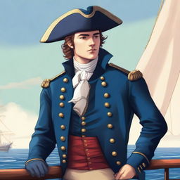 Smooth, bright illustration of a 23-year-old captain at sea, wearing a blue coat and a tricorne both trimmed with light red