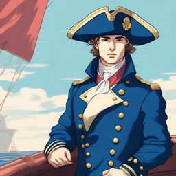 Smooth, bright illustration of a 23-year-old captain at sea, wearing a blue coat and a tricorne both trimmed with light red