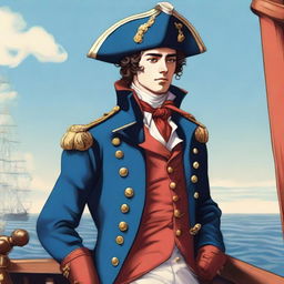 Smooth, bright illustration of a 23-year-old captain at sea, wearing a blue coat and a tricorne both trimmed with light red