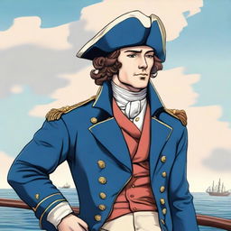 Smooth, bright illustration of a 23-year-old captain at sea wearing a blue coat and a tricorne that are both trimmed with light red