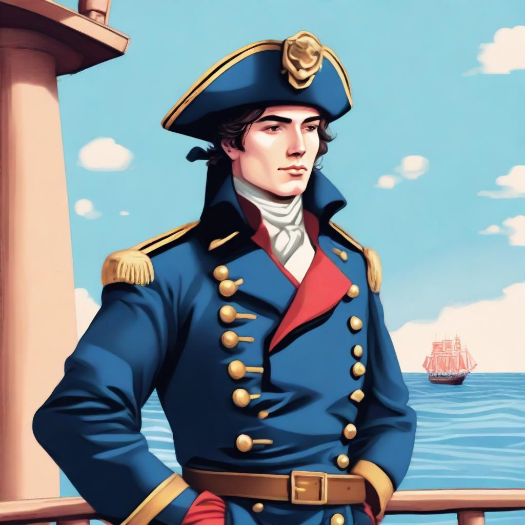 Smooth, bright illustration of a 23-year-old captain at sea wearing a blue coat and a tricorne that are both trimmed with light red