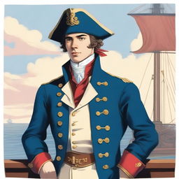 Smooth, bright illustration of a 23-year-old captain at sea wearing a blue coat and a tricorne that are both trimmed with light red