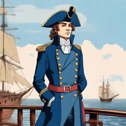 Smooth, bright illustration of a 23-year-old captain at sea wearing a blue coat and a tricorne that are both trimmed with light red