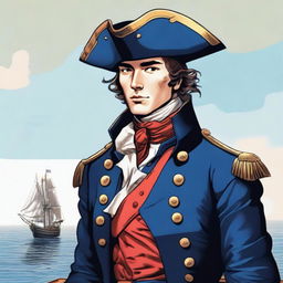 Smooth, bright illustration of a 23-year-old captain at sea wearing a blue coat and a tricorne that are both trimmed with light red