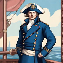 Smooth, bright illustration of a 23-year-old captain at sea wearing a blue coat and a tricorne that are both trimmed with light red