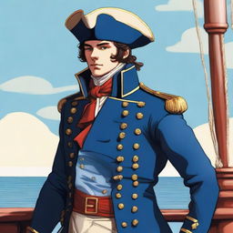 Smooth, bright illustration of a 23-year-old captain at sea wearing a blue coat and a tricorne that are both trimmed with light red