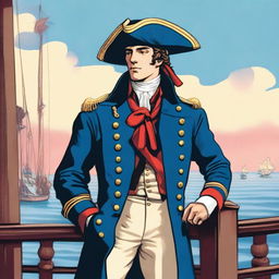 Smooth, bright illustration of a 23-year-old captain at sea wearing a blue coat and a tricorne that are both trimmed with light red