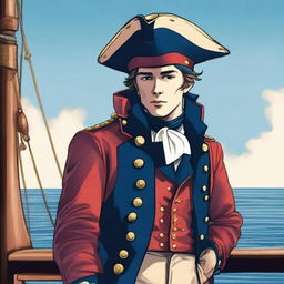 Smooth, bright illustration of a 23-year-old captain at sea, wearing a blue coat and a tricorne both trimmed with light red