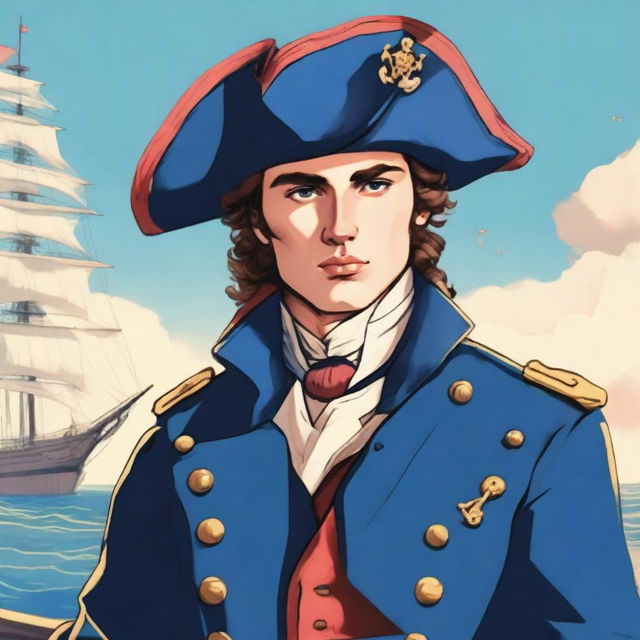 Smooth, bright illustration of a 23-year-old captain at sea, wearing a blue coat and a tricorne both trimmed with light red