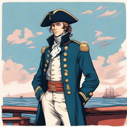 Smooth, bright illustration of a 23-year-old captain at sea, wearing a blue coat and a tricorne both trimmed with light red