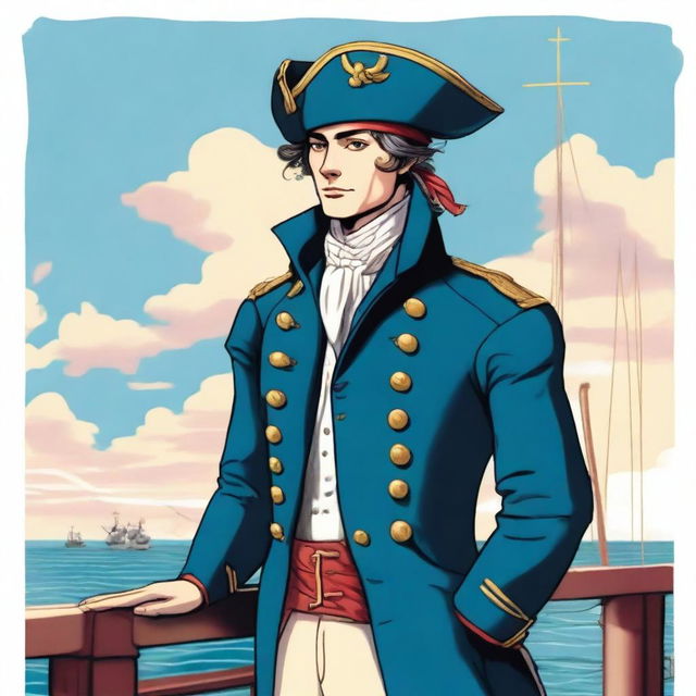 Smooth, bright illustration of a 23-year-old captain at sea, wearing a blue coat and a tricorne both trimmed with light red