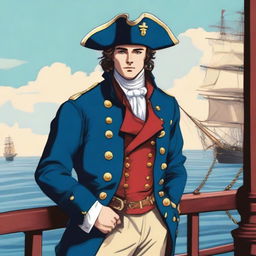 Smooth, bright illustration of a 23-year-old captain at sea, wearing a blue coat and a tricorne both trimmed with light red