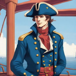 Smooth, bright illustration of a 23-year-old captain at sea, wearing a blue coat and a tricorne both trimmed with light red