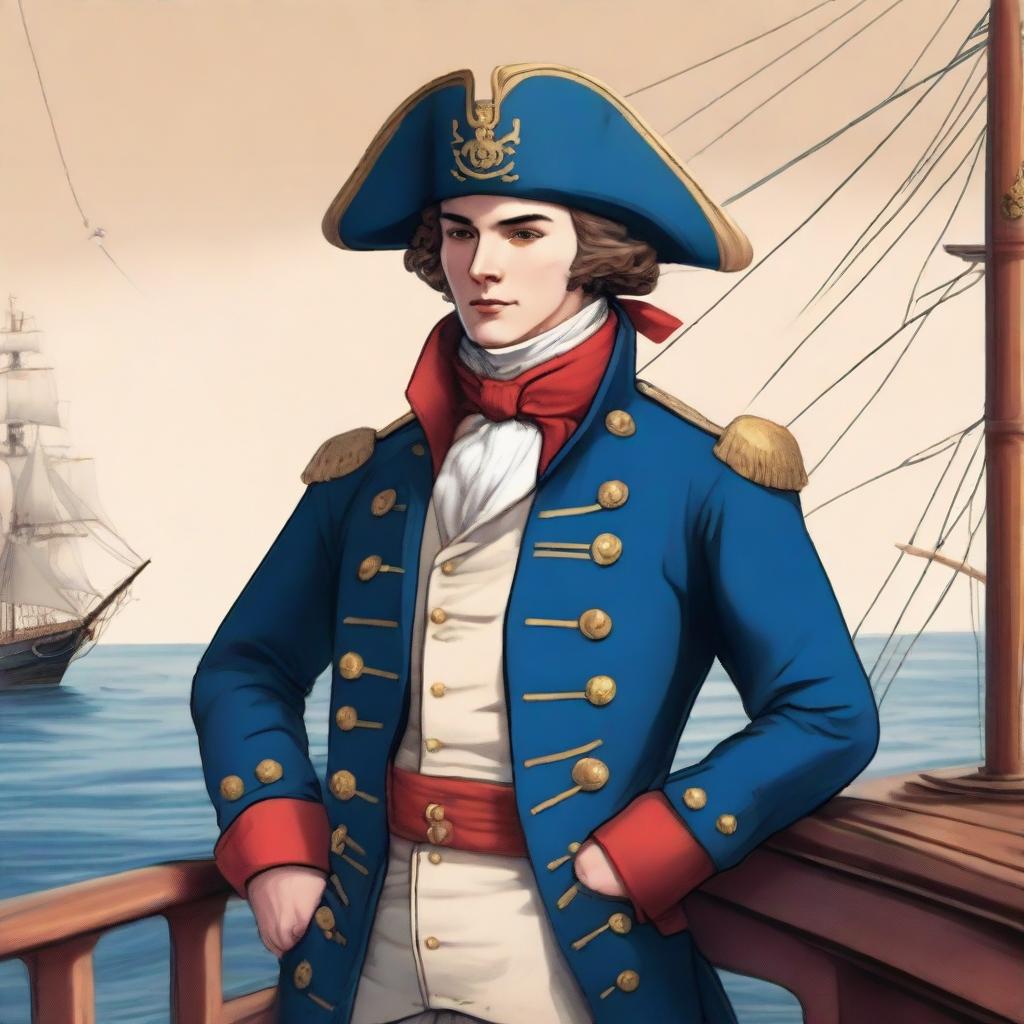 Smooth, bright illustration of a 23-year-old captain at sea, wearing a blue coat and a tricorne both trimmed with light red