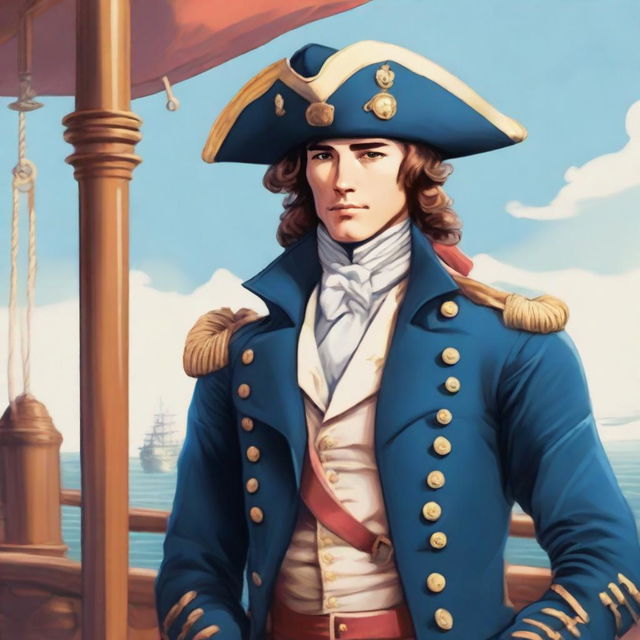 Smooth, bright illustration of a 23-year-old captain at sea, wearing a blue coat and a tricorne both trimmed with light red