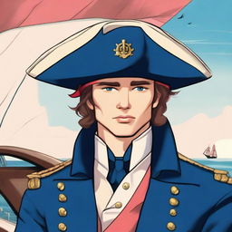 Smooth, bright illustration of a 23-year-old captain at sea, wearing a blue coat and a tricorne both trimmed with light red