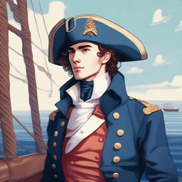 Smooth, bright illustration of a 23-year-old captain at sea, wearing a blue coat and a tricorne both trimmed with light red