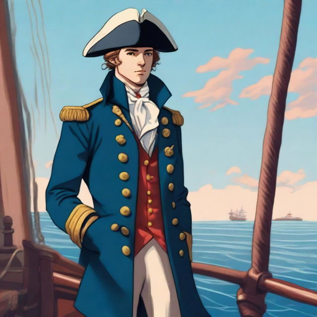 Smooth, bright illustration of a 23-year-old captain at sea, wearing a blue coat and a tricorne both trimmed with light red