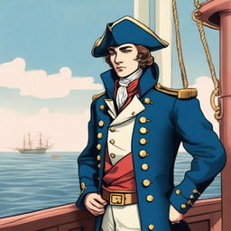 Smooth, bright illustration of a 23-year-old captain at sea, wearing a blue coat and a tricorne both trimmed with light red