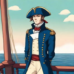 Smooth, bright illustration of a 23-year-old captain at sea, wearing a blue coat and a tricorne both trimmed with light red