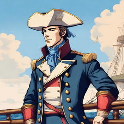 Smooth, bright illustration of a 23-year-old captain at sea, wearing a blue coat and a tricorne both trimmed with light red