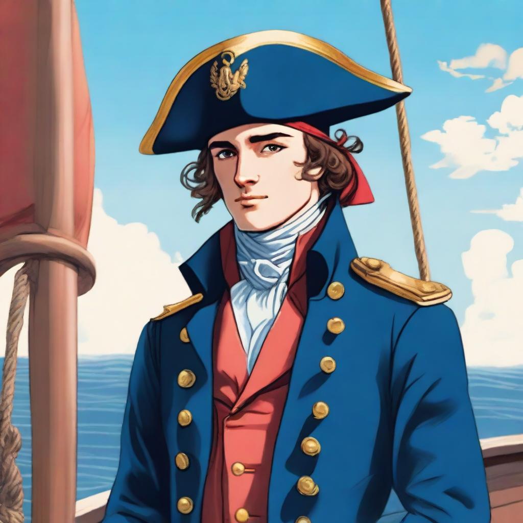 Smooth, bright illustration of a 23-year-old captain at sea, wearing a blue coat and a tricorne both trimmed with light red