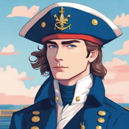 Smooth, bright illustration of a 23-year-old captain at sea, wearing a blue coat and a tricorne both trimmed with light red