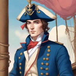 Smooth, bright illustration of a 23-year-old captain at sea, wearing a blue coat and a tricorne both trimmed with light red