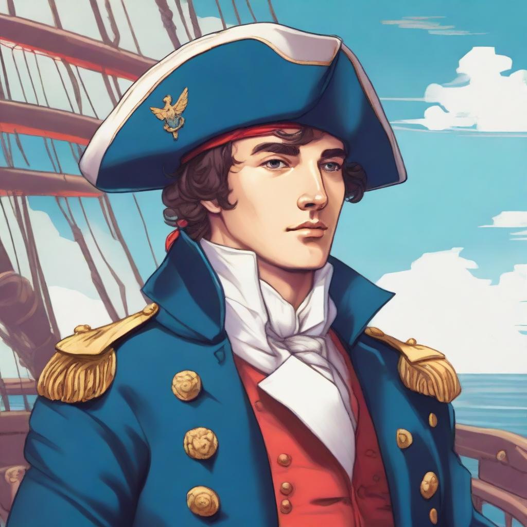 Smooth, bright illustration of a 23-year-old captain at sea, wearing a blue coat and a tricorne both trimmed with light red