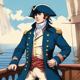 Smooth, bright illustration of a 23-year-old captain at sea, wearing a blue coat and a tricorne both trimmed with light red