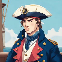 Smooth, bright illustration of a 23-year-old captain at sea, wearing a blue coat and a tricorne both trimmed with light red