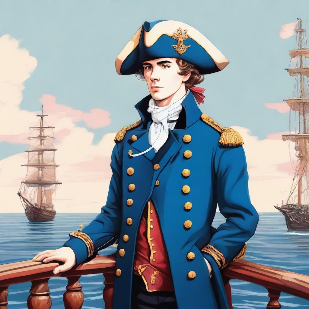 Smooth, bright illustration of a 23 year old captain at sea wearing a blue coat and a tricorne that are both trimmed with light red